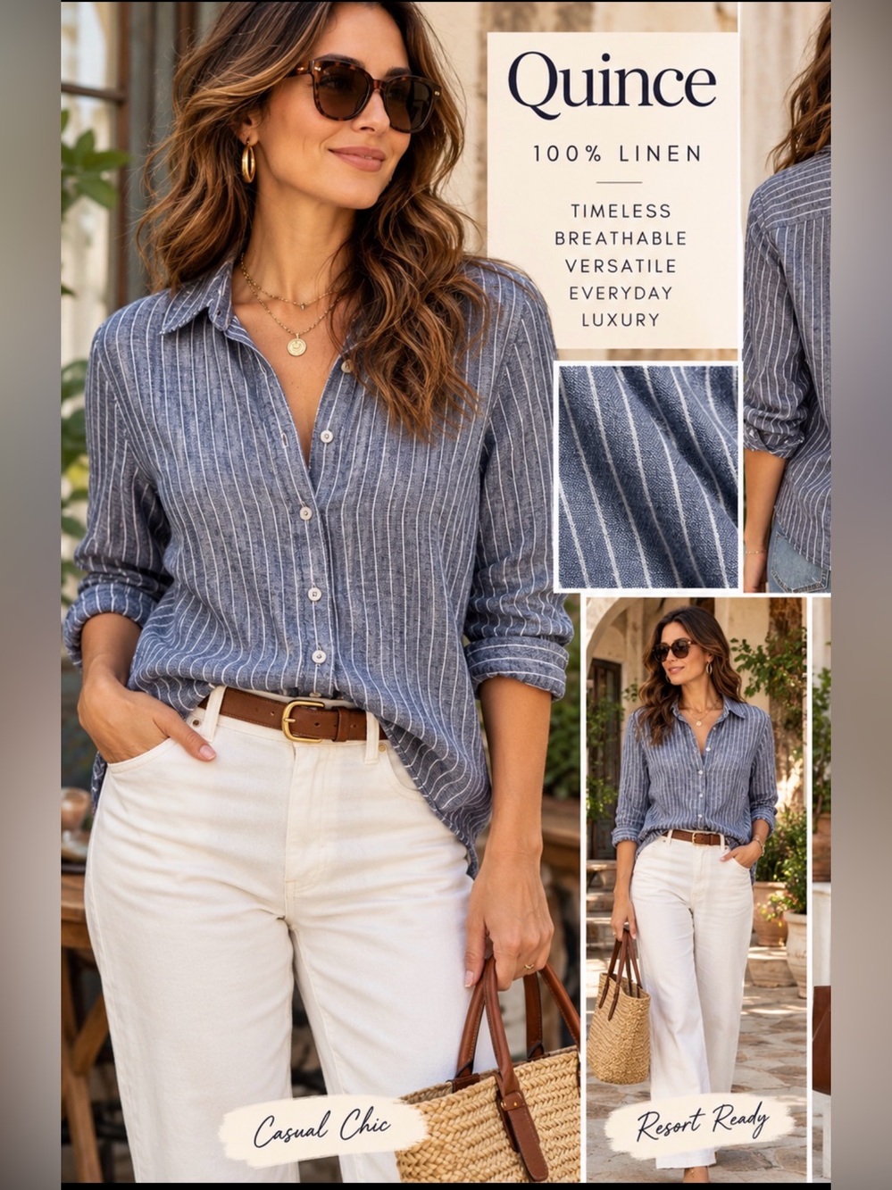 Quince 100% European Linen Blue White Striped Button Down Shirt M